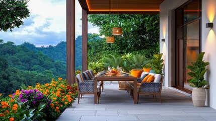 [Outdoor dining Al seating patio] Modern Elevated House Overlooking Mountainous Landscape With Glass Railing and Tropical Plants