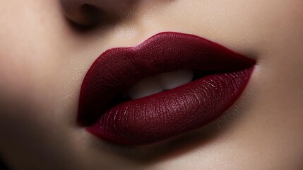 Close-up view of beautifully painted lips with dark lipstick.