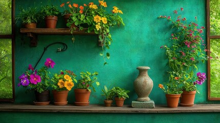 [Eco-friendly gardening gardens conservation native] Vibrant Garden Oasis in Dark Green Interior Space with Natural Beauty and Tranquility