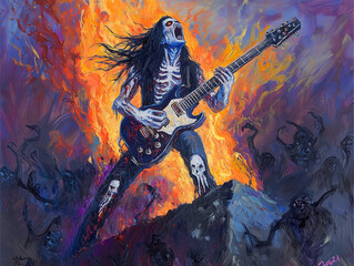 A guitarist in demonic corpse paint stands on a cracked, blood-stained stage in the middle of an abyss. Flames and smoke rise from beneath, and the guitar strings glow with molten energy. With each