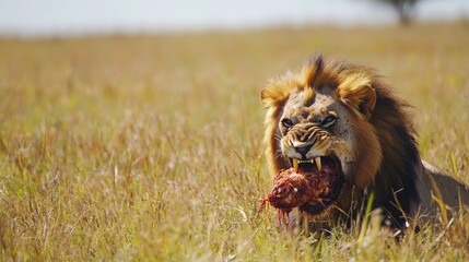 Fototapeta premium A lion holds a piece of meat in its mouth while resting in a grassy landscape.