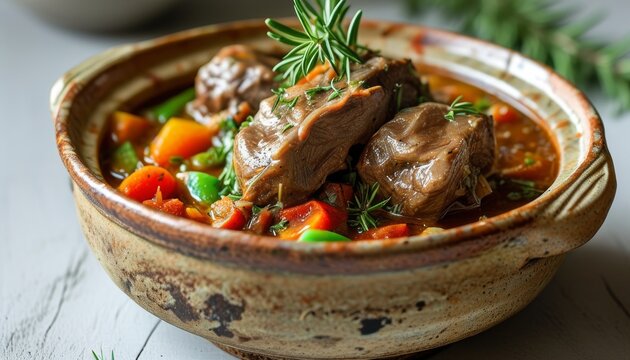 Hearty Lamb Navarin Stew with Seasonal Vegetables in Rustic Ceramic Bowl