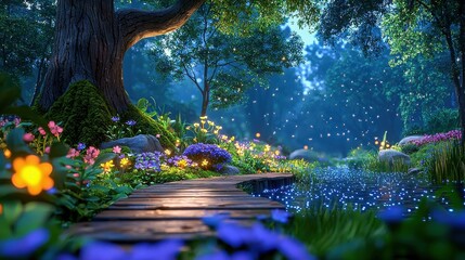 Fototapeta premium [Eco-friendly gardening resilient natural] Whimsical Forest Meets Enchanted Night Fairy Tale Landscape with Twinkling Fireflies