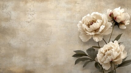 Artwork featuring sepia peony flowers on a textured concrete wall ideal for photo wallpaper murals and modern loft style decor
