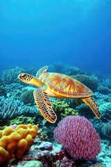 Obraz premium A vibrant underwater scene featuring a sea turtle swimming among colorful corals.