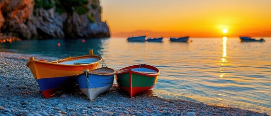 [Daytime beach scene at sunset with empty red and blue boats in front of colorful buildings] Serenene Sunset Beach Escape