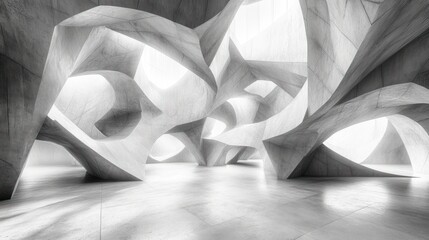 Abstract concrete interior with sculpted walls and light.