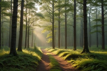 Obraz premium sunlight shining through the trees in a forest with a dirt path