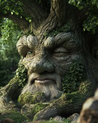 A mystical tree with a wise face, surrounded by lush greenery.