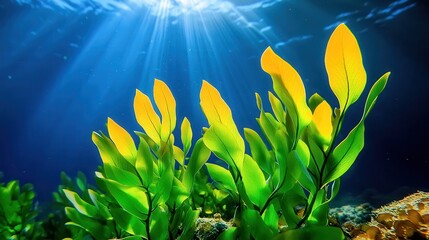 Naklejka premium [Vibrant coral reefs with yellowish corals and clear blue water] Vibrant Coral Reef at Depth Under Clear Blue Waters with Sunlight Filtering Through