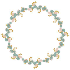 Round floral wreath frame with hand drawn flowers and leaves decoration
