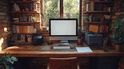 Rustic Home Office Setup with iMac and Printer, Wooden Desk near Window