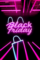 Obraz premium AI generative. Text design of black friday with pink neon glow, shoping bag lines on black background. 24