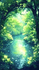 Fototapeta premium A serene river flows through a lush, green forest, creating a tranquil atmosphere.