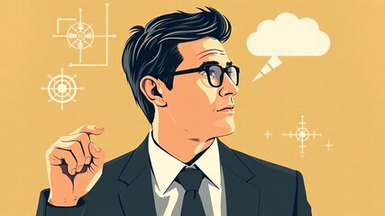 Entrepreneur contemplating business direction with indicator vector in background, chooses, direction