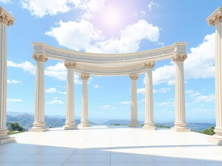 Fototapeta premium Empty room with white columns, large windows showcasing a serene landscape view of blue sky and lush greenery, filled with natural daylight, 3D visualization, blue sky