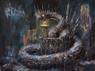 A sinister, anthropomorphic snake coiled around a throne of rusted blades, its scales reflecting an oily metallic sheen. The snake wears a crown of thorns, and its elongated claws drip with liquid