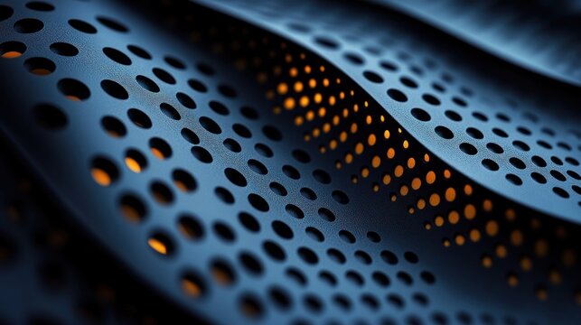 Wavy metal sheet with holes, glowing, for tech or design background.
