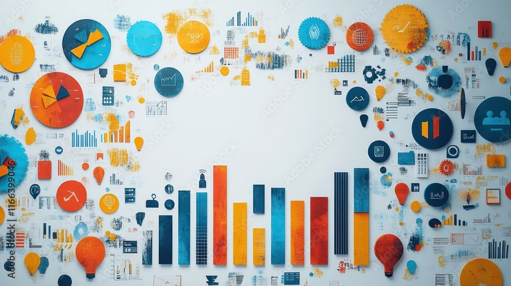 Poster data visualization: colorful charts and graphs representing business growth and analytics