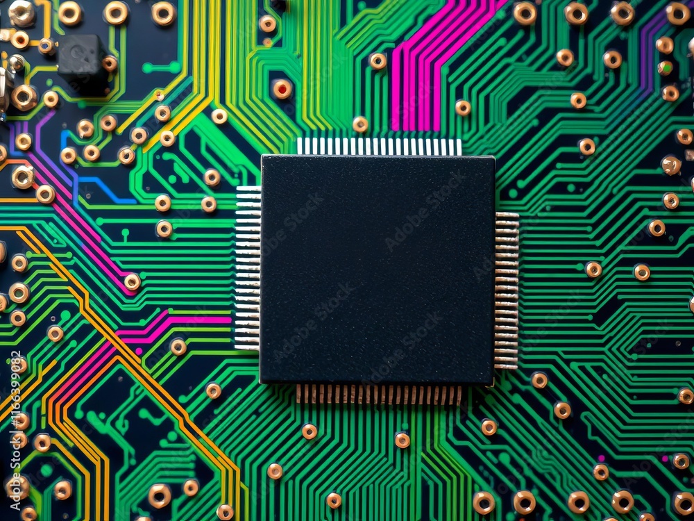 Poster electronic circuit boards with intricate patterns and colorful components against a digital electron
