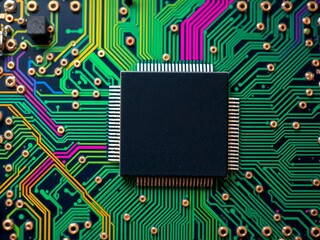 Electronic circuit boards with intricate patterns and colorful components against a digital electronic scheme background, industry, components
