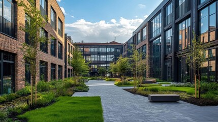 Modern courtyard with greenery and buildings, promoting relaxation and community.