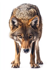 Obraz premium A close-up of a wolf in a focused stance, showcasing its striking features and fur texture.