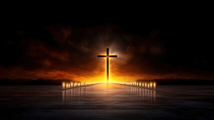 Naklejka premium A glowing cross illuminates a dark landscape, symbolizing hope.