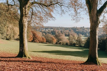 Autumnal park vista; sunlit valley, fall foliage, tranquil scene; ideal for nature calendars