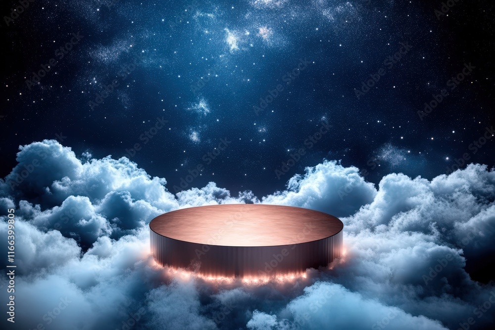 Poster 3d render of a natural podium on a cloudy background with starry sky creating a dreamy and ethereal 
