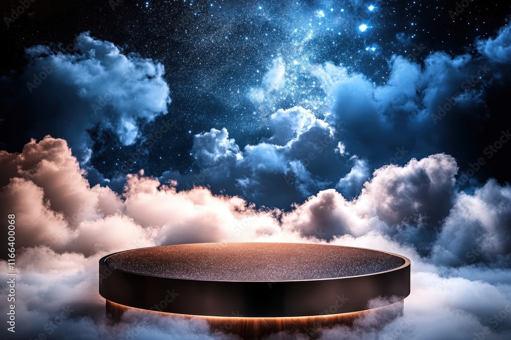 Poster natural 3d render of a podium in a cloudy background with stars and soft lighting effects for creati