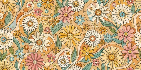 Retro Floral Design  A Whimsical Abundance of Daisies, Sunflowers, and Other Blossoms in Vibrant Hues