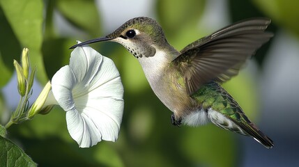 Fototapeta premium A hummingbird hovering near a white flower, showcasing nature's beauty and pollination.