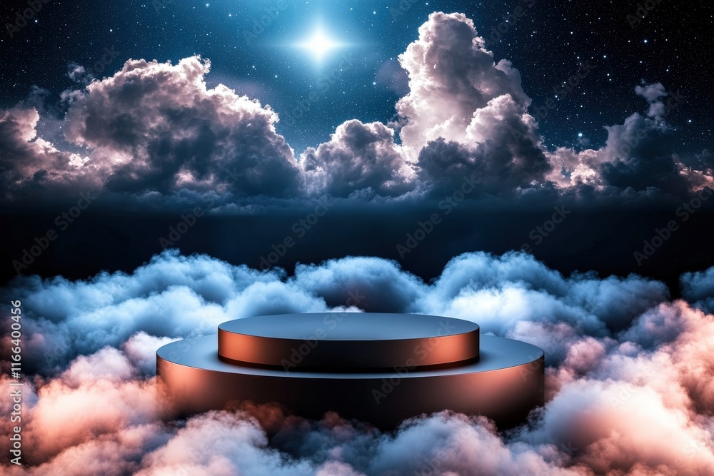 Poster stunning 3d render of a natural podium surrounded by clouds and starry background for creative proje