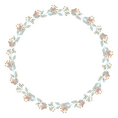Round floral wreath frame with hand drawn flowers and leaves decoration
