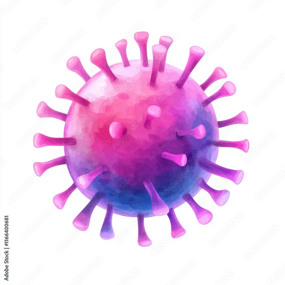 Poster colorful artistic representation of a virus with protruding structures and spikes