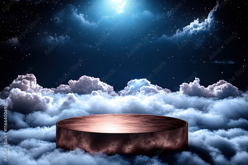 Poster natural 3d render of a podium against a dramatic cloudy background with soft lighting and celestial 