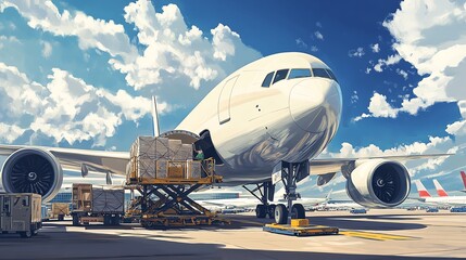 A cargo airplane loading freight at a bustling airport under a bright sky.