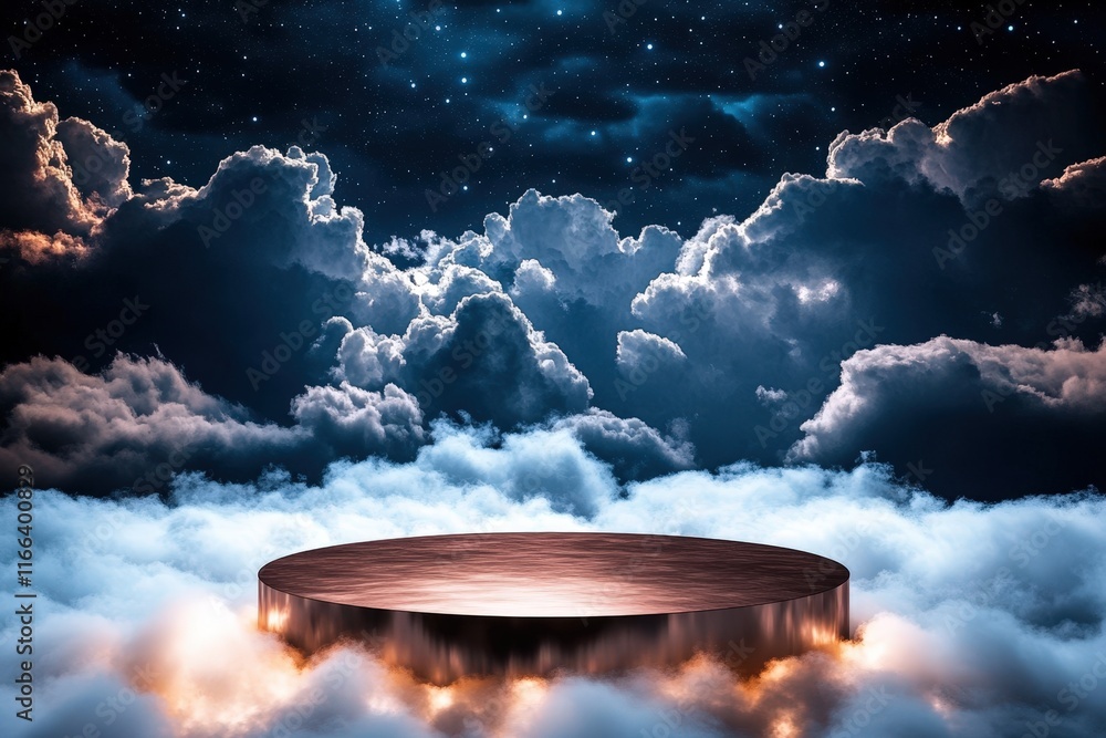Poster 3d render of a natural podium surrounded by clouds and stars in a mystical background for creative p