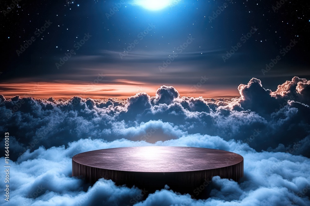 Poster stunning 3d render of a natural podium surrounded by clouds under a starry sky with a bright light s