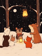 The Winter Lantern Festival. A warm and cozy illustration depicting various woodland animals gathering around a glowing lantern in the snow, celebrating the winter season.