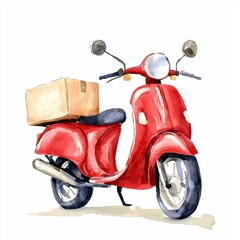 Red Vintage Scooter with Box for Delivery in Artistic Watercolor Style