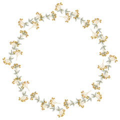 Round floral wreath frame with hand drawn flowers and leaves decoration
