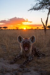 A hyena yawns against a vibrant sunset in a savanna landscape.