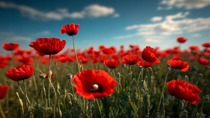 Obraz premium serene poppy field landscape with vibrant red poppy flowers blossoming under clear blue sky in scenic summer meadow ideal for nature photography and floral wallpaper backgrounds