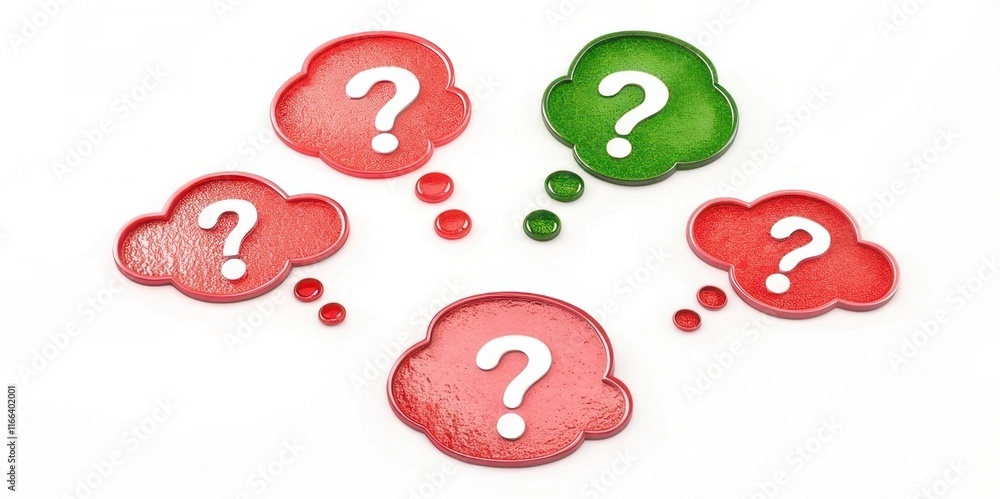 Poster colorful thought bubbles with question marks symbolize curiosity and inquiry, inviting exploration o
