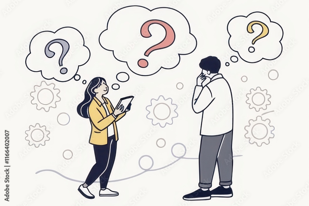 Poster two people engage in communication, surrounded by question marks and gears, symbolizing inquiry and 