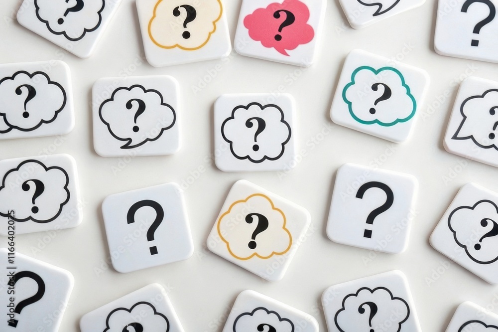Poster a collection of square tiles featuring question marks and speech bubbles, symbolizing curiosity or i