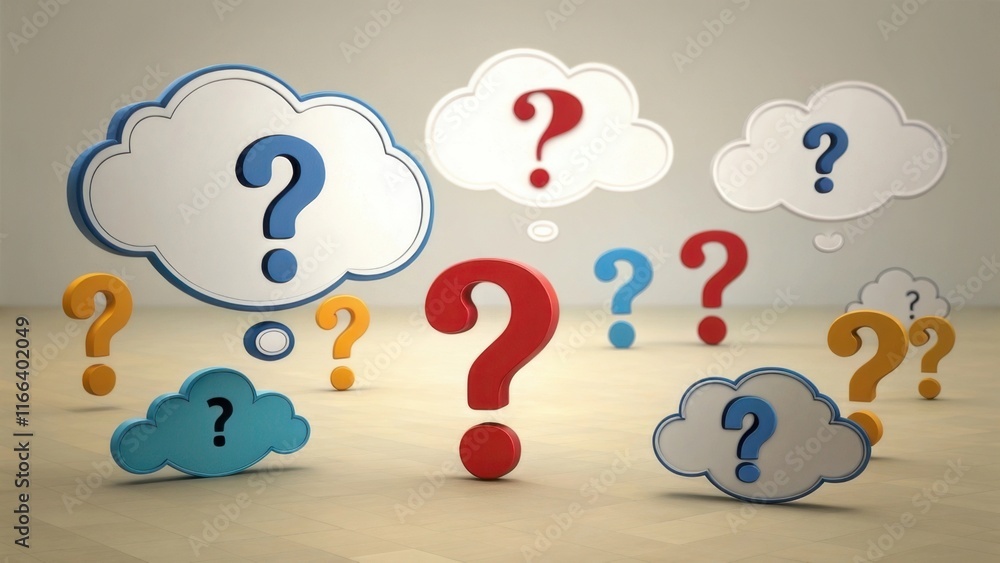 Poster colorful question marks in speech bubbles float above a surface, symbolizing curiosity, inquiry, and