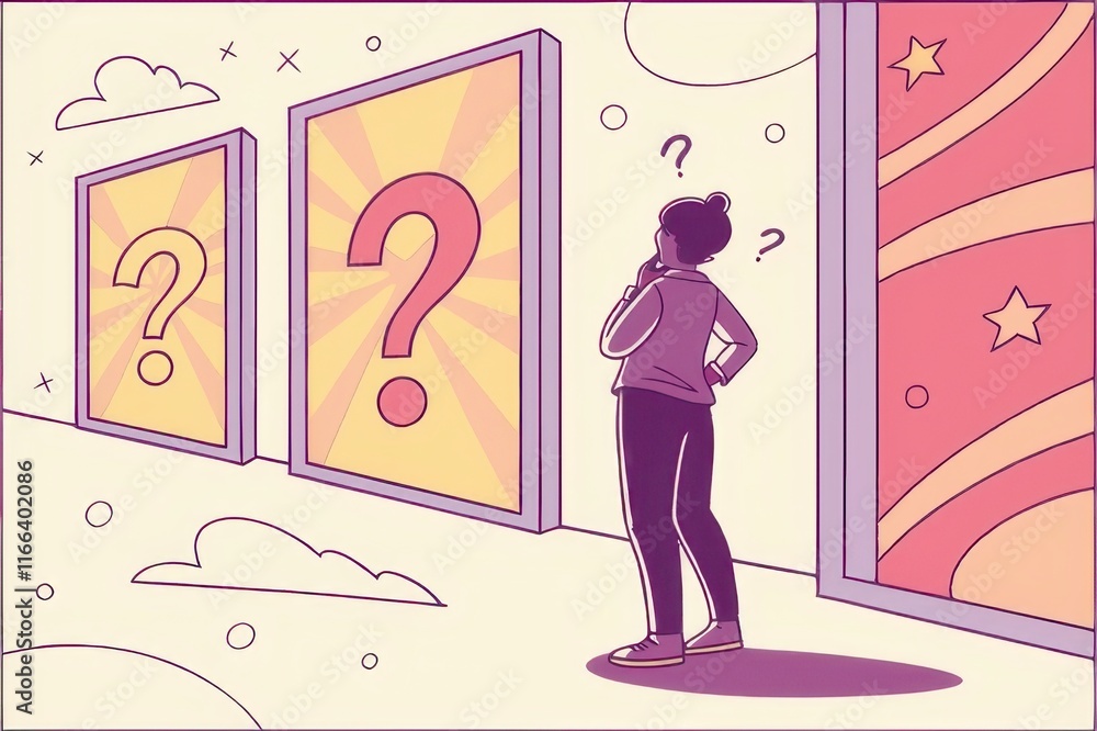 Poster a person stands thoughtfully in front of three colorful panels featuring question marks, symbolizing
